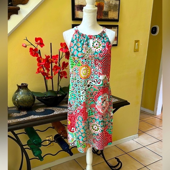 Jude Connally Abstract Medallion Print Coral Green Sz 14 Sheath Mini Dress USA - Picture 2 of 15